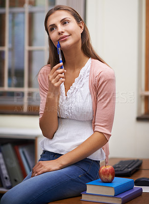 Buy stock photo School teacher, woman thinking and planning in classroom, brainstorming and ideas for education. Female person, knowledge and information for learning, contemplating academic and smiling for career