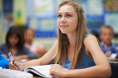 Buy stock photo School, girl or thinking with book in classroom lesson for learning, development or education. Studying, scholarship or female learner sitting for exam or test with notes, dream or vision of future