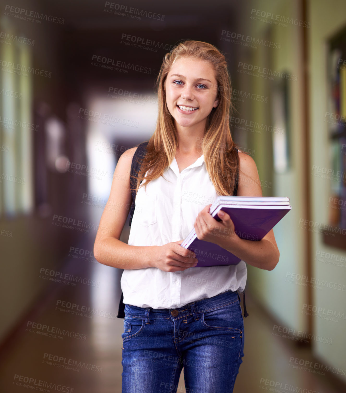 Buy stock photo Happy woman, portrait and student with books at school hallway for education, study or learning. Young female person or teenager smile with textbooks or backpack for studying or knowledge in corridor