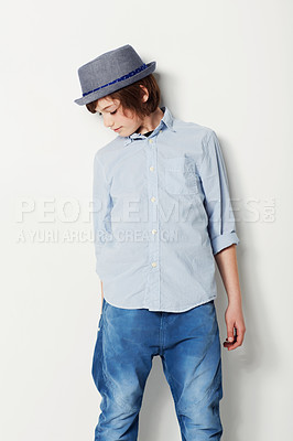 Buy stock photo Child, boy and confidence for fashion in studio, cool clothing and attitude by white background. Male person, kid and cool hat by backdrop or pride for style, face and trendy outfit in childhood