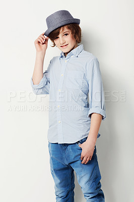 Buy stock photo Cute preteen boy wearing trendy attire while isolated on white
