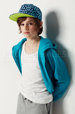 Buy stock photo Cute preteen boy wearing trendy clothing while isolated on white