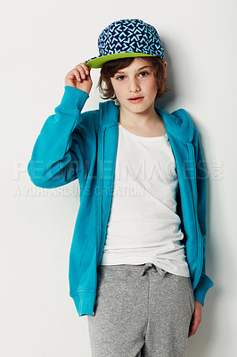 Buy stock photo Cute preteen boy wearing trendy clothing while isolated on white
