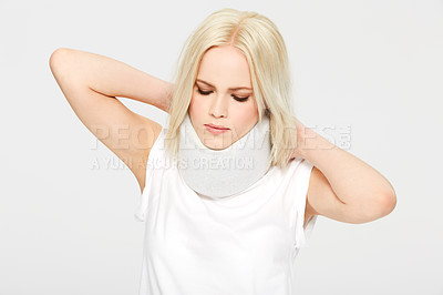 Buy stock photo Woman with neck injury, medical emergency and neck brace with health insurance isolated on white background. Health, medicine and accident, whiplash and recovery with pain and healthcare for injured