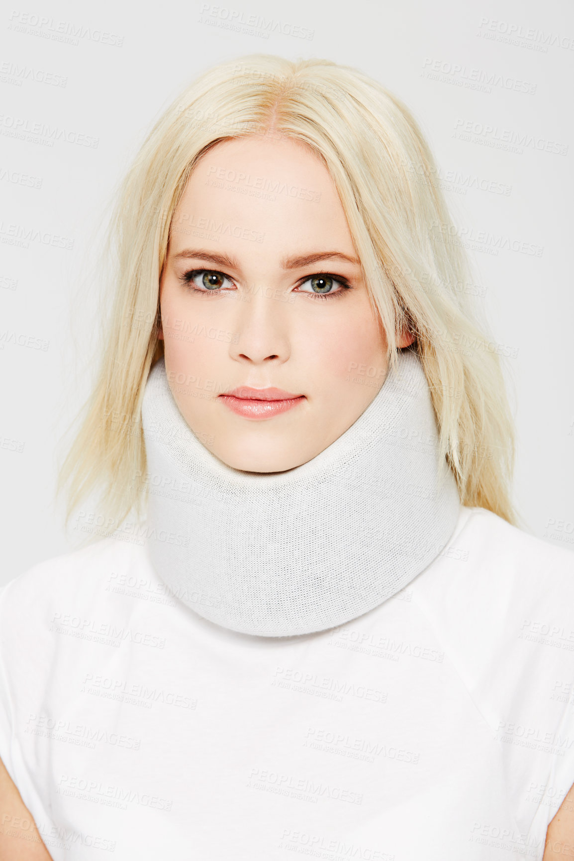 Buy stock photo Portrait of woman with neck injury, neck pain and medical emergency, neck brace isolated on white background. Health, medicine and accident, whiplash and recovery, health insurance and healthcare 
