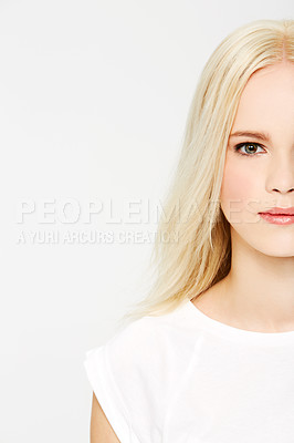 Buy stock photo Fashion, beauty and half portrait of woman with smile and makeup on face with white background. Health, skincare and luxury hair care, with mockup space, product placement and beautiful studio model