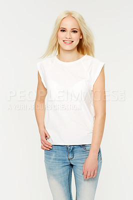 Buy stock photo Fashion, smile and portrait of a model in studio with a cosmetic, makeup or natural face routine. Beauty, cosmetics and young woman from Australia with a casual outfit or clothes by white background.