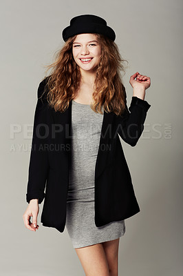 Buy stock photo Happy, portrait and woman with vintage fashion, style and aesthetic in grey background of studio. Confident, smile and girl with pride in unique or retro clothing with model in hat for trendy outfit