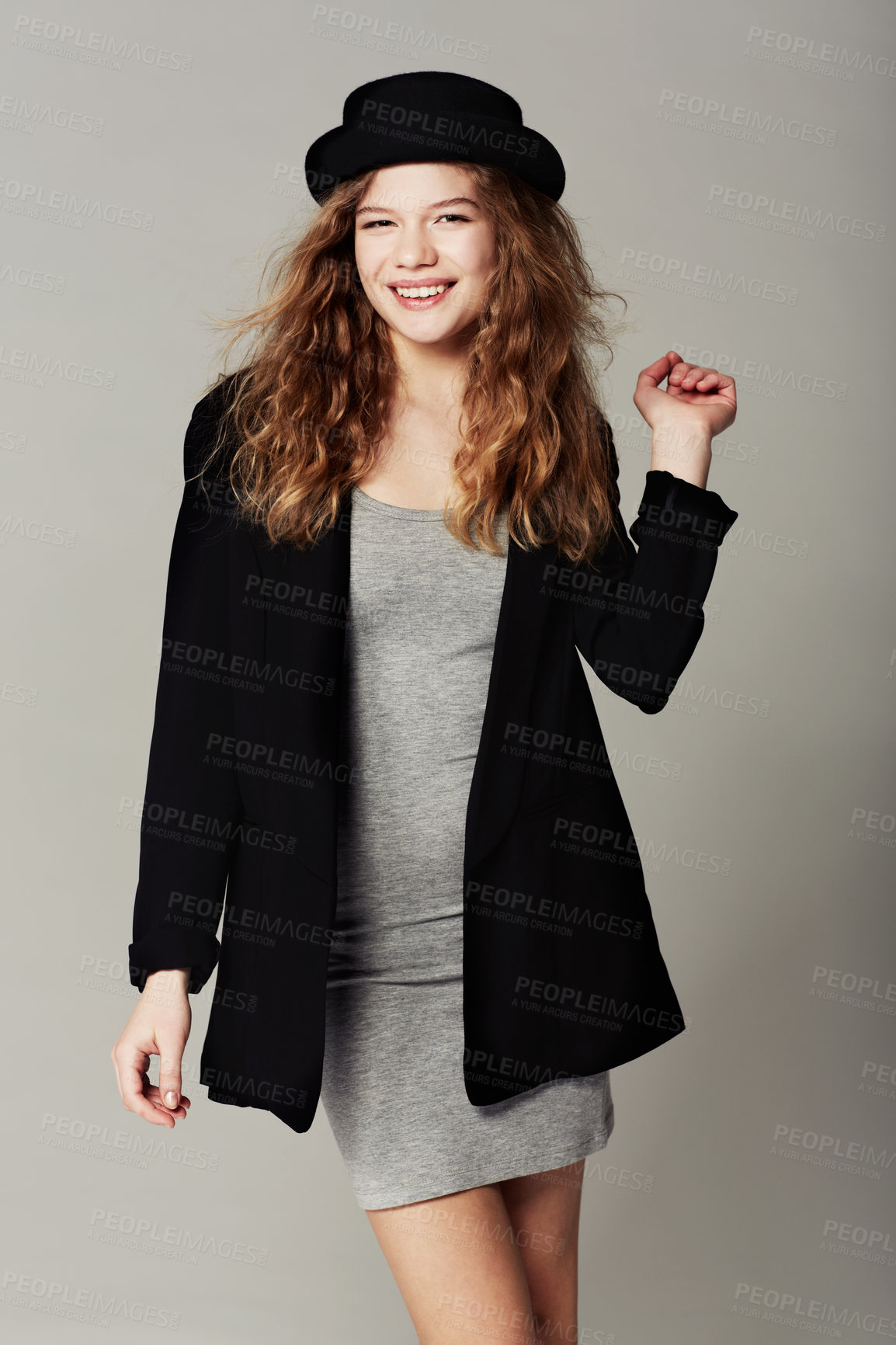 Buy stock photo Happy, portrait and woman with vintage fashion, style and aesthetic in grey background of studio. Confident, smile and girl with pride in unique or retro clothing with model in hat for trendy outfit