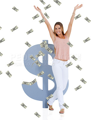 Buy stock photo Money, dollars and woman in portrait with finance and savings with banking against white studio background. Financial happy woman with hands up and winning lotto and profit with wealth and investment