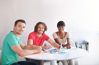 Buy stock photo Business people, teamwork portrait and meeting for startup project, magazine proposal and collaboration at marketing agency. Group, manager and happy employees with paper, color ideas and internship