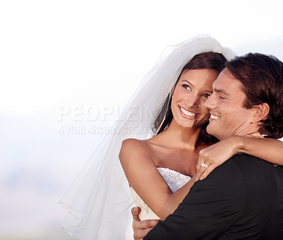 Buy stock photo Love, hug and bride with groom at wedding for commitment and trust, celebration outdoor and mockup space. Marriage, loyalty and people at ceremony for marriage, happy at event and couple at reception