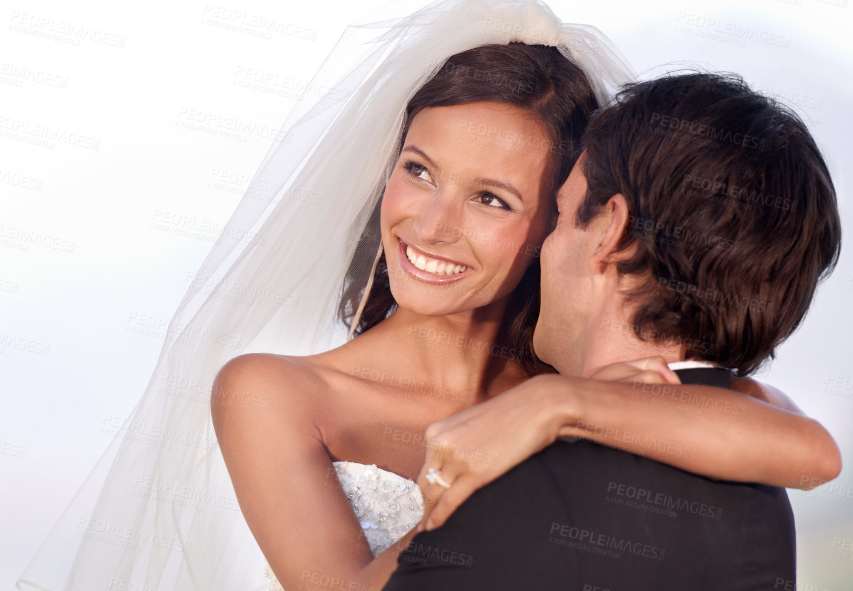 Buy stock photo Love, happy and bride with groom at wedding for commitment and trust with celebration outdoor. Marriage, loyalty and people at ceremony for marriage, event and couple hug with smile at reception