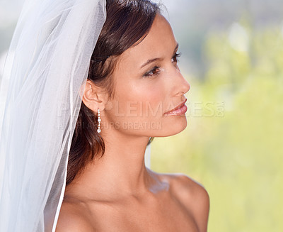 Buy stock photo Bride, woman and beauty on wedding day in outdoors, veil and bridal fashion in nature. Female person, makeup and thinking on marriage or commitment, cosmetics and luxury jewelry for party or event
