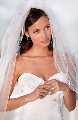 Buy stock photo Bride, woman and ring on wedding day in outdoors, veil and bridal fashion or beauty. Female person, makeup and ready for marriage or commitment, cosmetics and luxury jewelry for party or event