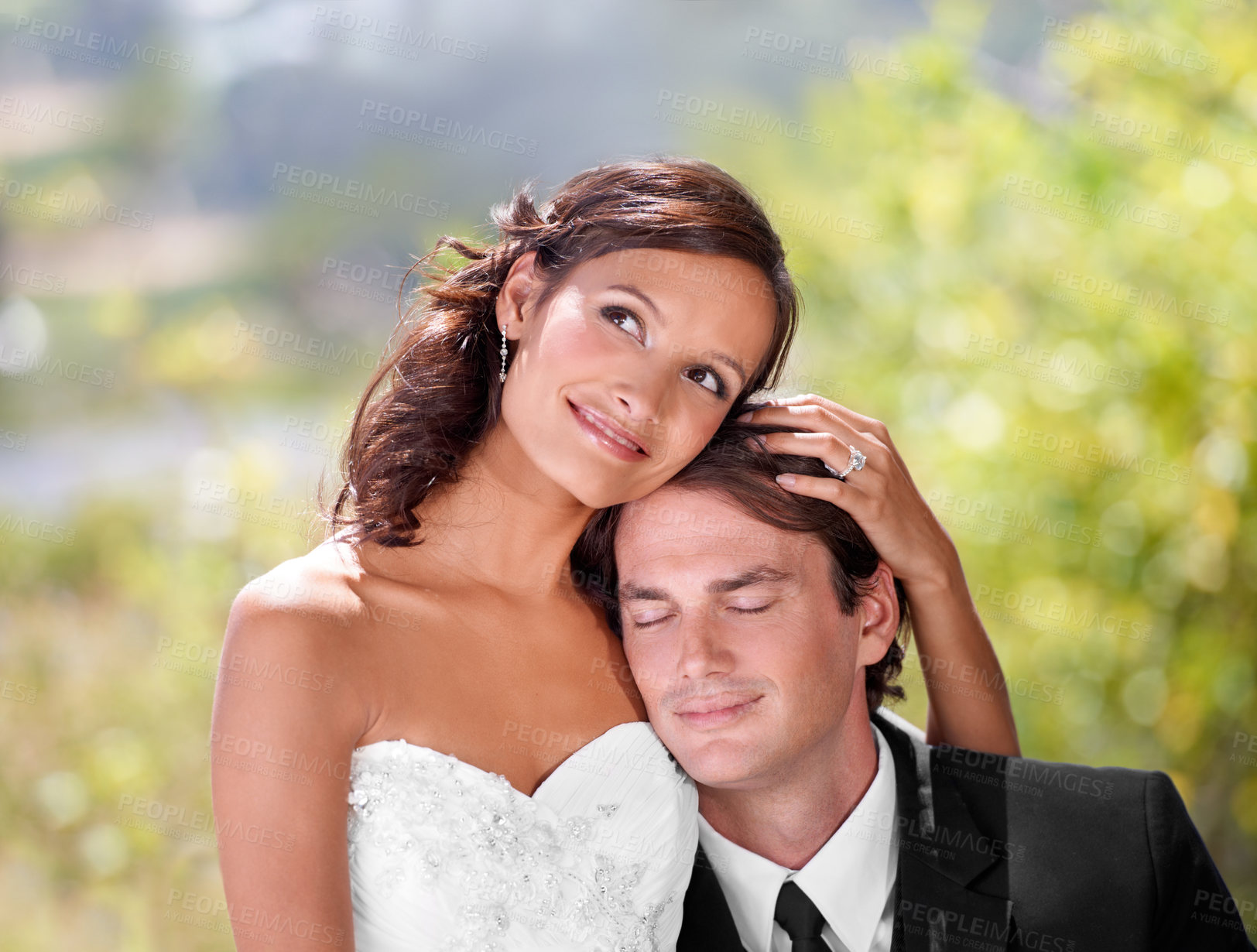 Buy stock photo Hug, peace and bride with groom at wedding for commitment, happiness and trust with celebration outdoor. Marriage, loyalty and people at ceremony for marriage, event with couple and love at reception