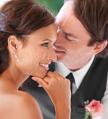 Buy stock photo Bride, groom and wedding, love and happiness for commitment, loyalty and trust at ceremony. People with smile at event, marriage and healthy relationship with bond, support and future together