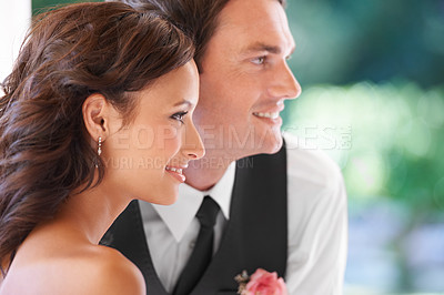 Buy stock photo Couple, partnership and together on wedding day at outdoor ceremony, smile and happy for marriage. People, profile and commitment to relationship and loyalty, love and union or side view of newlyweds