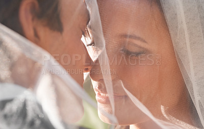 Buy stock photo Kiss, woman and man at wedding with veil, love and commitment at outdoor reception. Romance, face of bride and groom at marriage celebration with happiness, loyalty and couple with future together.