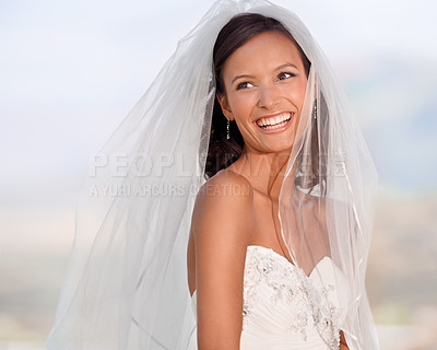 Buy stock photo Bride, woman and smile on wedding day in outdoors, veil and bridal fashion in nature. Happy female person, makeup and ready for marriage or commitment, cosmetics and luxury jewelry for party or event