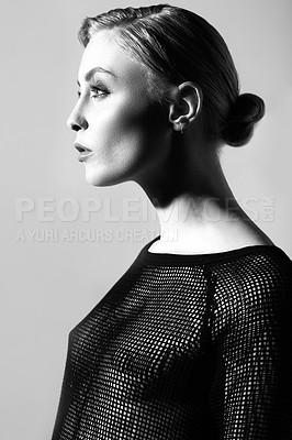 Buy stock photo Model thinking of profile, black and white for fashion, retro or classic aesthetic by gray background with light. Woman, edgy outfit or trendy clothes with vintage style, fancy lady or pose in studio