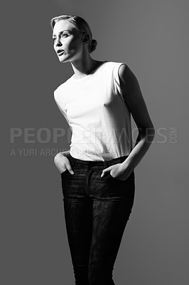 Buy stock photo Woman, black and white for classic fashion, retro or aesthetic by gray background with light. Isolated model thinking, edgy outfit or trendy clothes with vintage style, lady or art ideas in studio