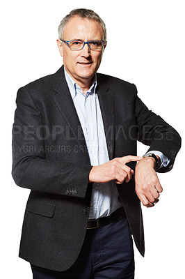 Buy stock photo Senior executive, business man and watch, pointing with schedule and time management on white background. Agenda, calendar and clock with accountant in studio, tasks and tracking for deadline