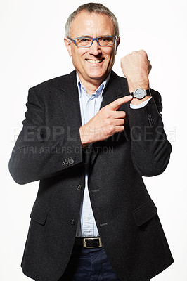 Buy stock photo Senior, CEO with business man and watch, boss point with schedule and time management on white background. Agenda, calendar and clock with accountant in studio, appointment and tracking for deadline