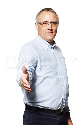 Buy stock photo Business man, handshake and studio portrait with welcome, recruitment or onboarding by white background. Isolated senior businessman, open palm and shaking hands for hiring, greeting and respect