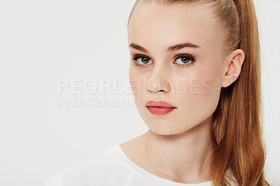 Buy stock photo Serious, girl and portrait with beauty in studio and white background with confidence and pride. Makeup, face and woman with red hair in ponytail style with cosmetics or skincare in mock up space 