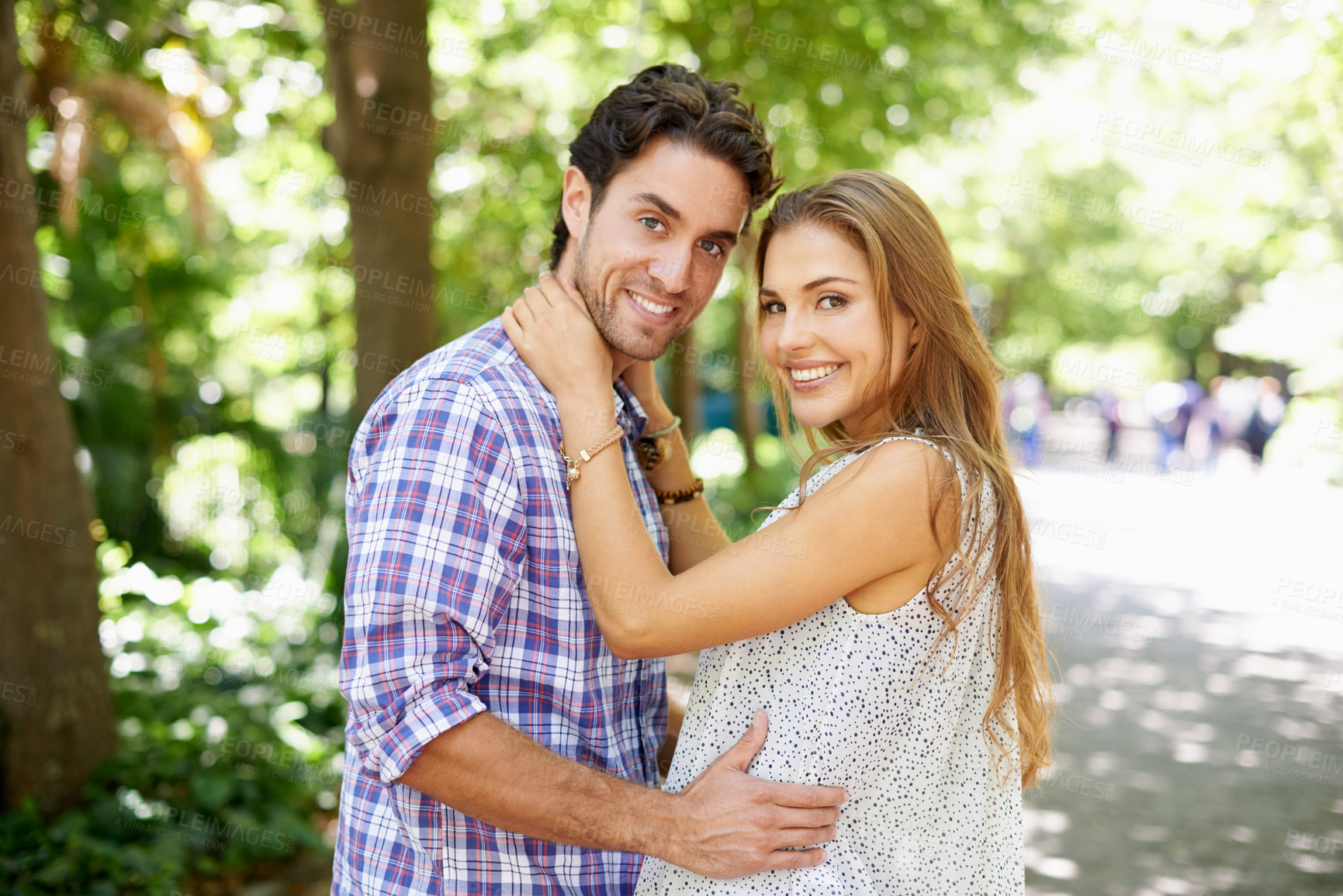 Buy stock photo Couple hug, bonding and portrait on love date, valentines day or romance in nature park or relax garden. Smile, happy or embrace for woman and man in girlfriend trust, security and honeymoon support