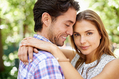 Buy stock photo Couple portrait, hug or bonding in park, nature or garden on valentines day date, romance love or holiday. Smile, happy man or woman in embrace, relax trust or partnership support for profile picture