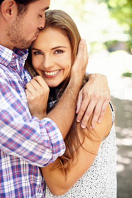 Buy stock photo Couple, portrait or forehead kiss hug in garden, nature or park on valentines day date, romance or bonding love. Smile, happy woman or man in embrace, relax support or partnership for profile picture