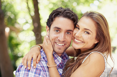 Buy stock photo Happy couple, portrait or hug in romance date, valentines day or love in park, backyard bonding or relax garden. Smile, man or woman embrace in honeymoon trust or support security on holiday vacation