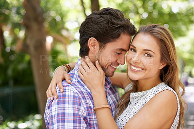 Buy stock photo Happy couple, love or hug portrait in romance date or valentines day in park, backyard bonding or relax garden. Smile, man or woman embrace in honeymoon trust or support security on holiday vacation