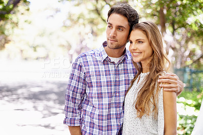 Buy stock photo Couple, love and bonding embrace in garden, nature or backyard park on valentines day, romance date or summer break. Smile, happy woman and thinking man in hug for relax support or partnership future