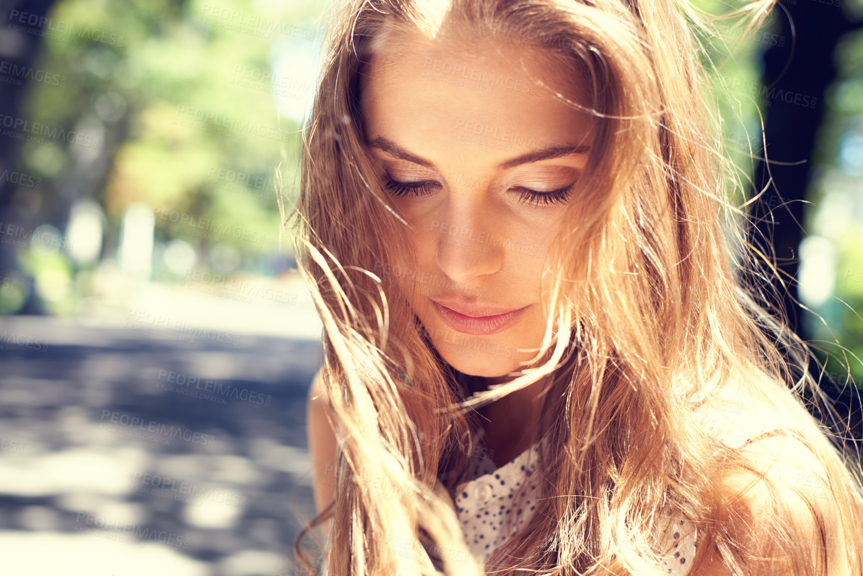 Buy stock photo Woman, depression face and thinking outdoor in park with mockup space, grief and sad person with fresh air. Depressed young female, loss and social anxiety with mental health and life problem