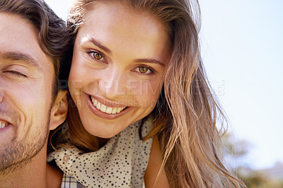 Buy stock photo Happy couple, portrait or piggyback on love date, valentines day or romance bonding in nature park or garden backyard. Zoom, face or smile and man carrying woman in fun game support or freedom energy