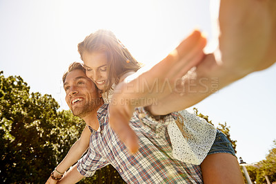 Buy stock photo Happy couple, piggy back or airplane in nature park, garden or low angle bonding on valentines day, relax date or romance love. Smile, man or carrying woman in aeroplane, fun game or freedom activity