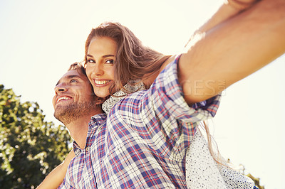 Buy stock photo Couple portrait, piggy back or airplane in nature park or low angle bonding on valentines day, garden date or romance love. Smile, happy or man carrying woman in aeroplane, fun game or freedom energy