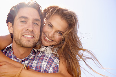 Buy stock photo Happy couple, hug and portrait smile for summer vacation, holiday break or bonding together in the outdoors. Man and woman hugging, smiling and embracing relationship happiness for fun sunny day