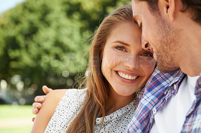 Buy stock photo Couple, trust or portrait hug on love date, valentines day or romance bonding in nature park or relax garden. Smile, happy woman or man embrace for care, marriage security or anniversary celebration