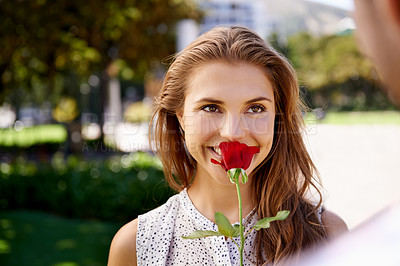 Buy stock photo Park, rose and happy couple on a date for valentines celebration, romance and anniversary love. Young, beautiful woman smell red flowers in garden for summer, spring or holiday with her partner