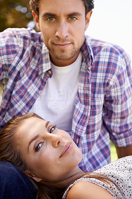 Buy stock photo Bonding couple, portrait or love on grass, nature park or garden on valentines day, romance date or marriage support. Smile, happy woman or man in relax environment, summer rest or partnership picnic