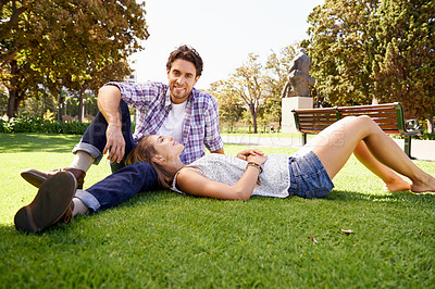 Buy stock photo Happy couple, love or lying portrait on grass field, nature park or garden on valentines day, romance date or marriage bonding. Smile, woman and man in relax environment, summer or partnership picnic