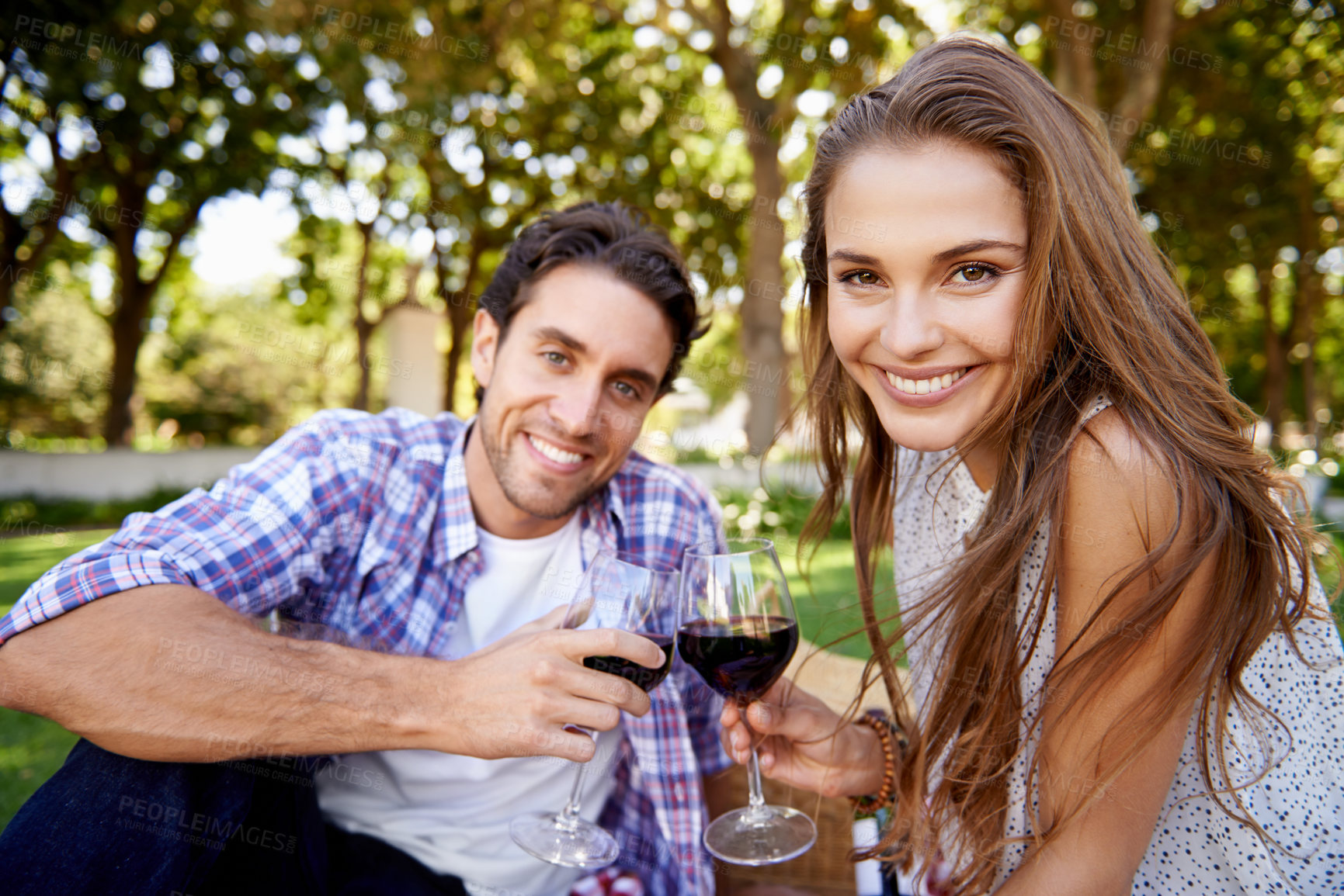 Buy stock photo Couple portrait, wine or love toast on picnic date, valentines day or romance bonding in nature park or garden. Smile, happy woman or man and alcohol drinks glass for marriage anniversary celebration