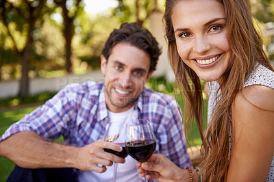Buy stock photo Happy couple, portrait or wine toast for love picnic, valentines day or romance date bonding in nature park or garden. Smile, woman or man and alcohol drinks glass in marriage anniversary celebration