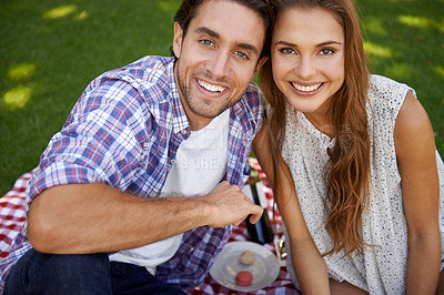 Buy stock photo Portrait, picnic and date with a couple in a park together during summer for love, romance or bonding. Face, nature or dating with a young man and woman in a garden for a romantic celebration