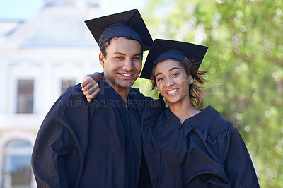 Buy stock photo Graduation, portrait and couple of friends smile to celebrate success, education and college scholarship outdoor. Happy students, man and woman with pride for achievement, award and university event 