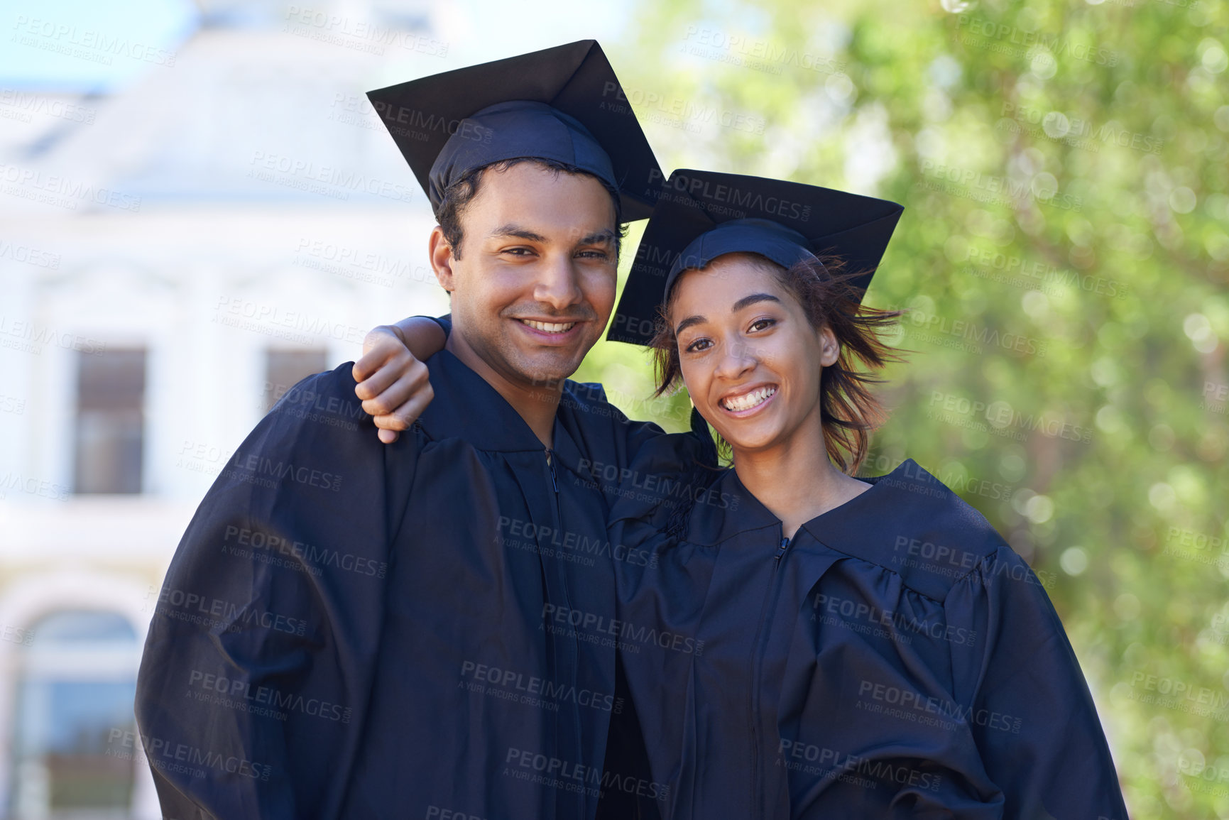 Buy stock photo Graduation, portrait and couple of friends smile to celebrate success, education and college scholarship outdoor. Happy students, man and woman with pride for achievement, award and university event 